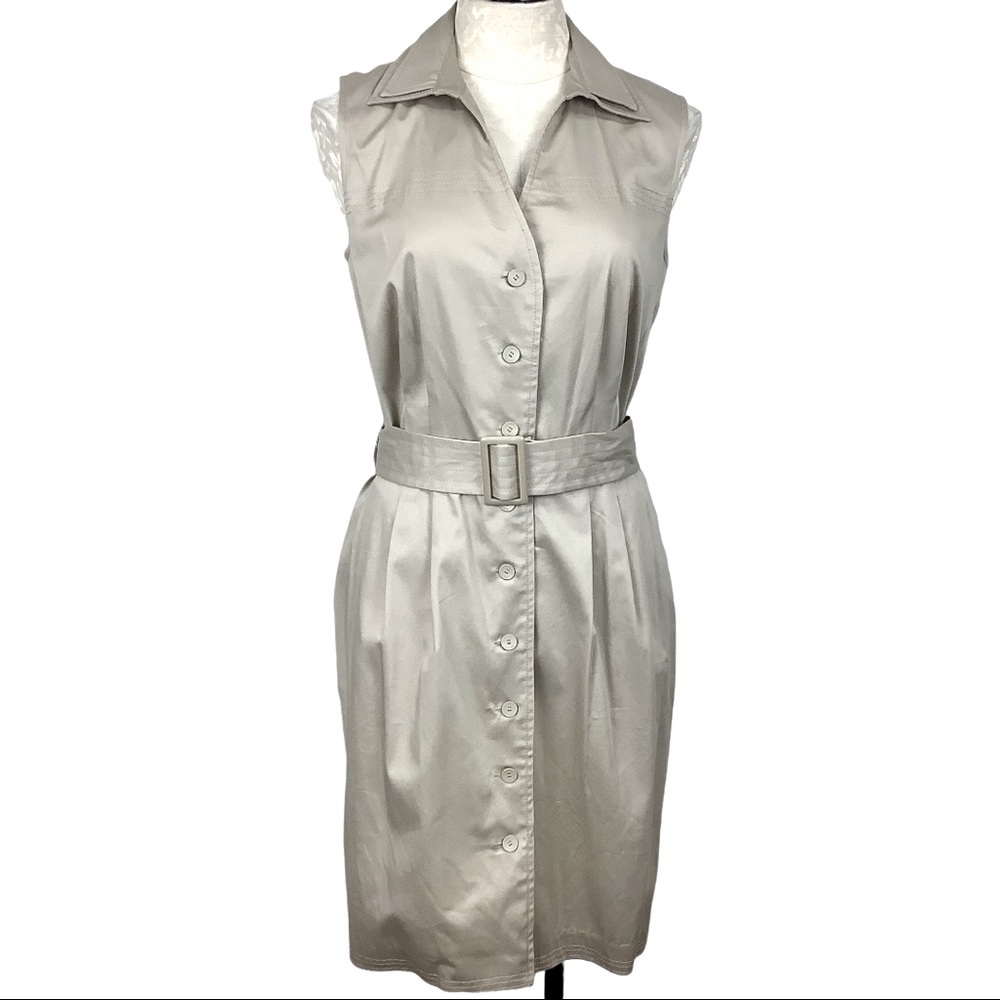 Calvin Klein Beige Tan Button Up Belted Sleeveless Dress preppy Corpcore button